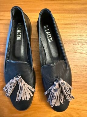 Il Laccio Black Calf Leather Tassel Loafers for Women